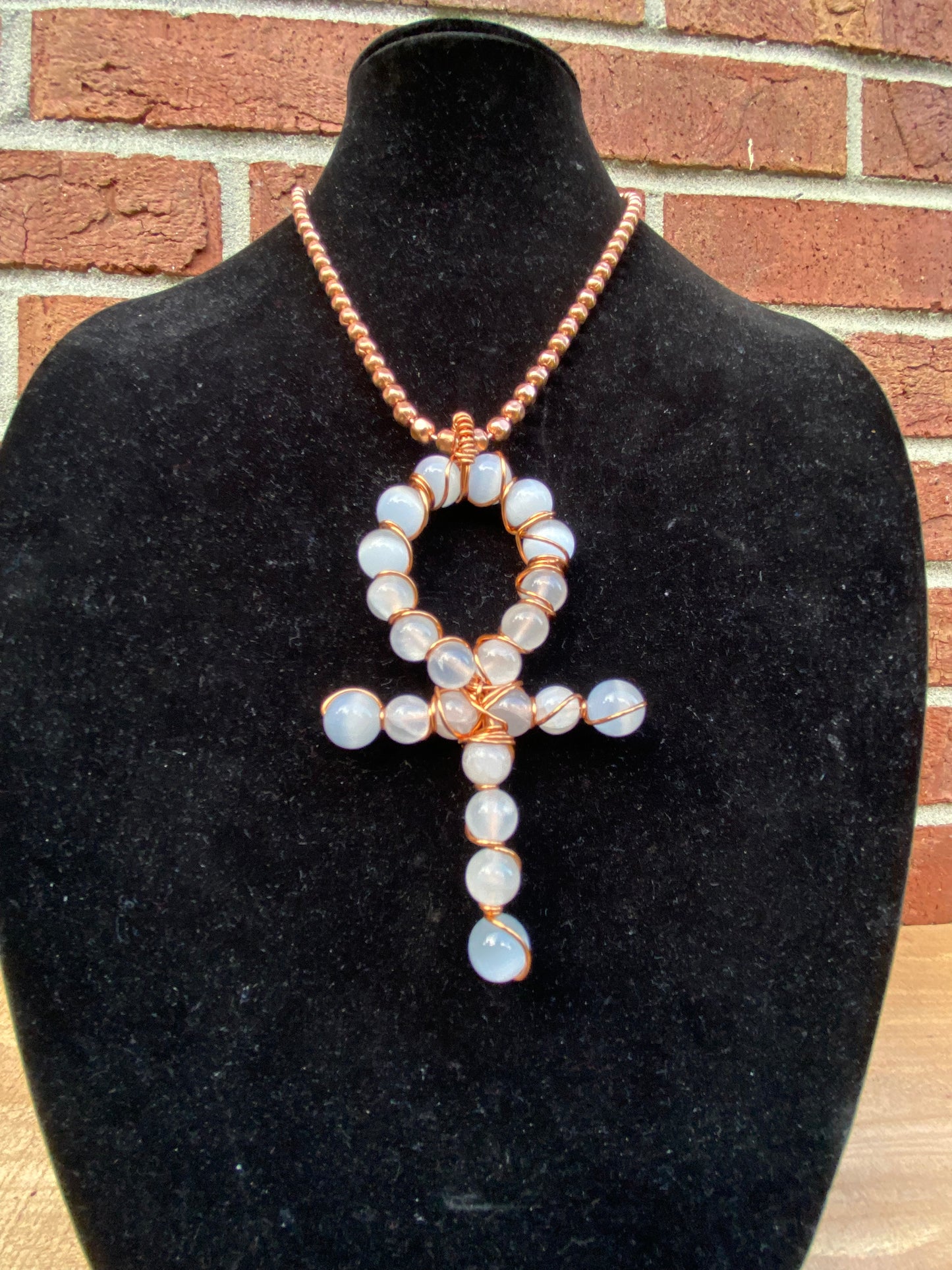 White cat eyes n Selenite Ankh 4/“