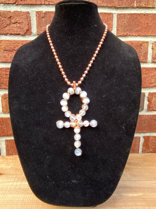 White cat eyes n Selenite Ankh 4/“
